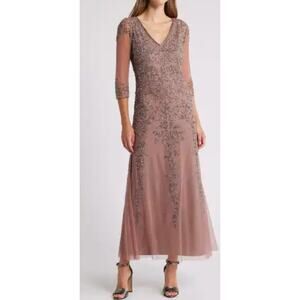 Pisarro Nights Beaded V-Neck A-Line Gown in Mauve Brown. Size 4.